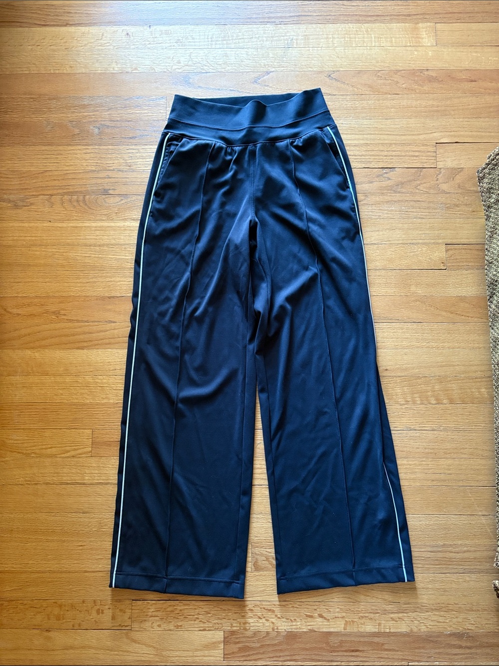 athleta black with white stripe activewear lounge relaxed wide leg track pants